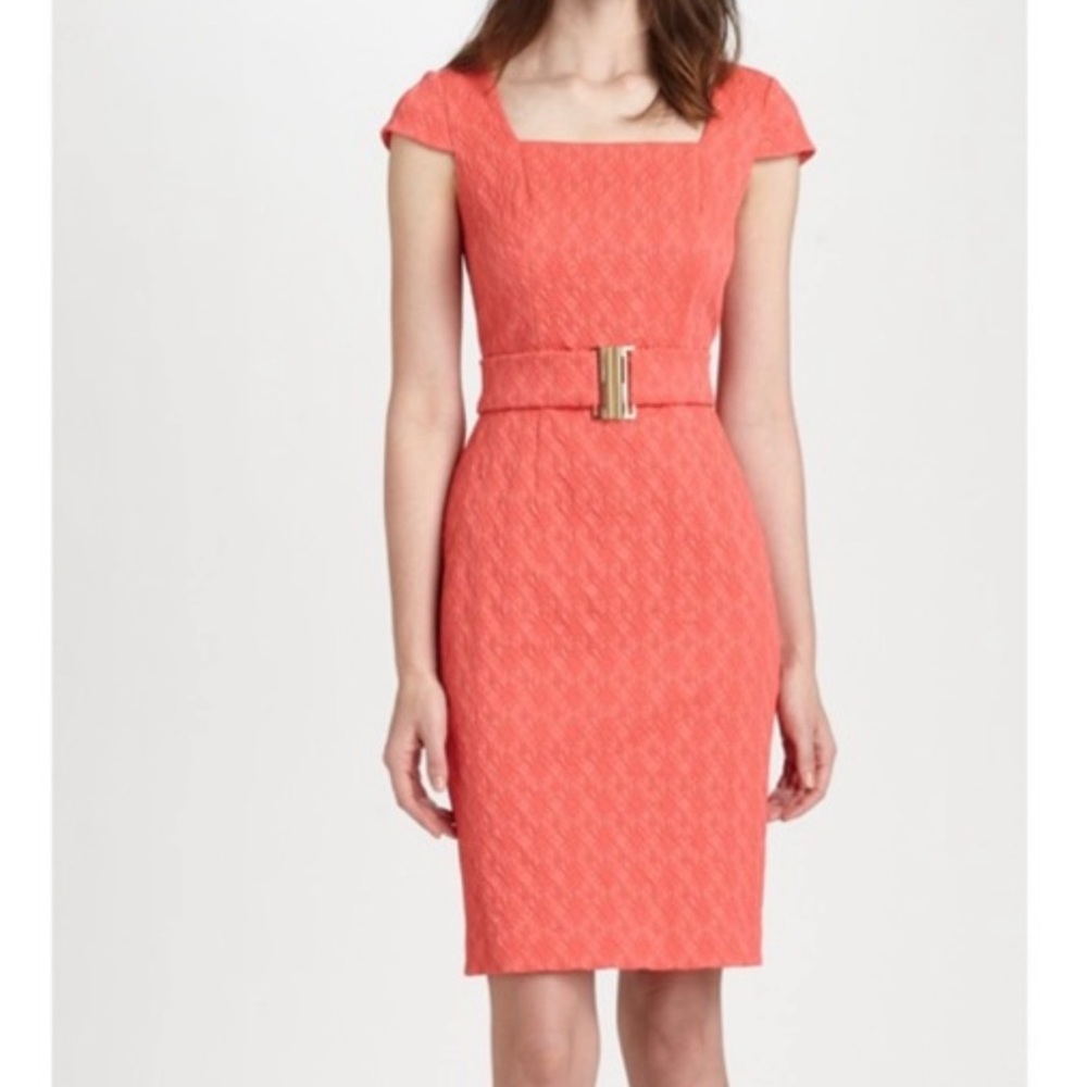 Kay Unger Coral Square Neck Dress With Belt